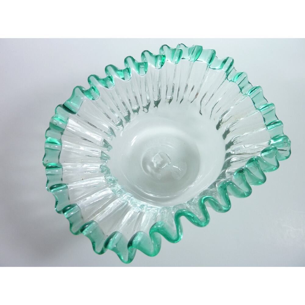 Vintage Clear Blown Glass Bowl Green/Blue Edge Trim Scalloped Ruffle Mermaid - Picture 4 of 8